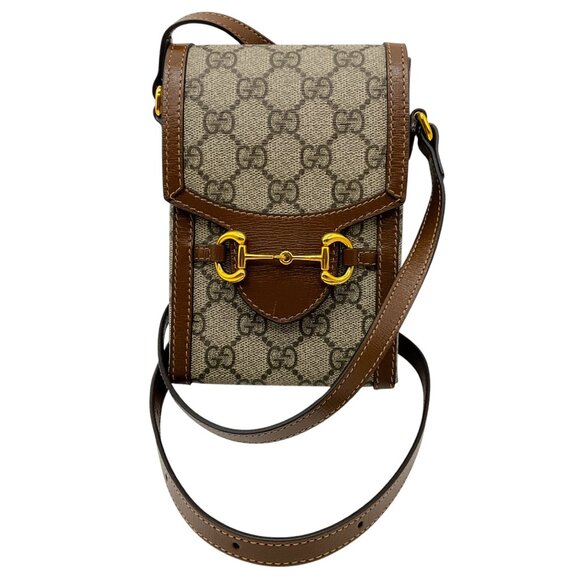 Gucci Brown Monogram GG Horsebit 1955 Supreme Coated Canvas Flap Mini Crossbody - Picture 1 of 14